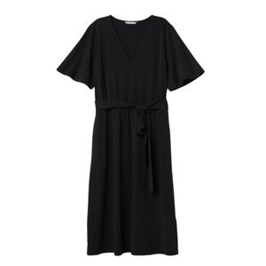 H&M Black Calf Length Jersey V-Neck Tie Belt Dress
